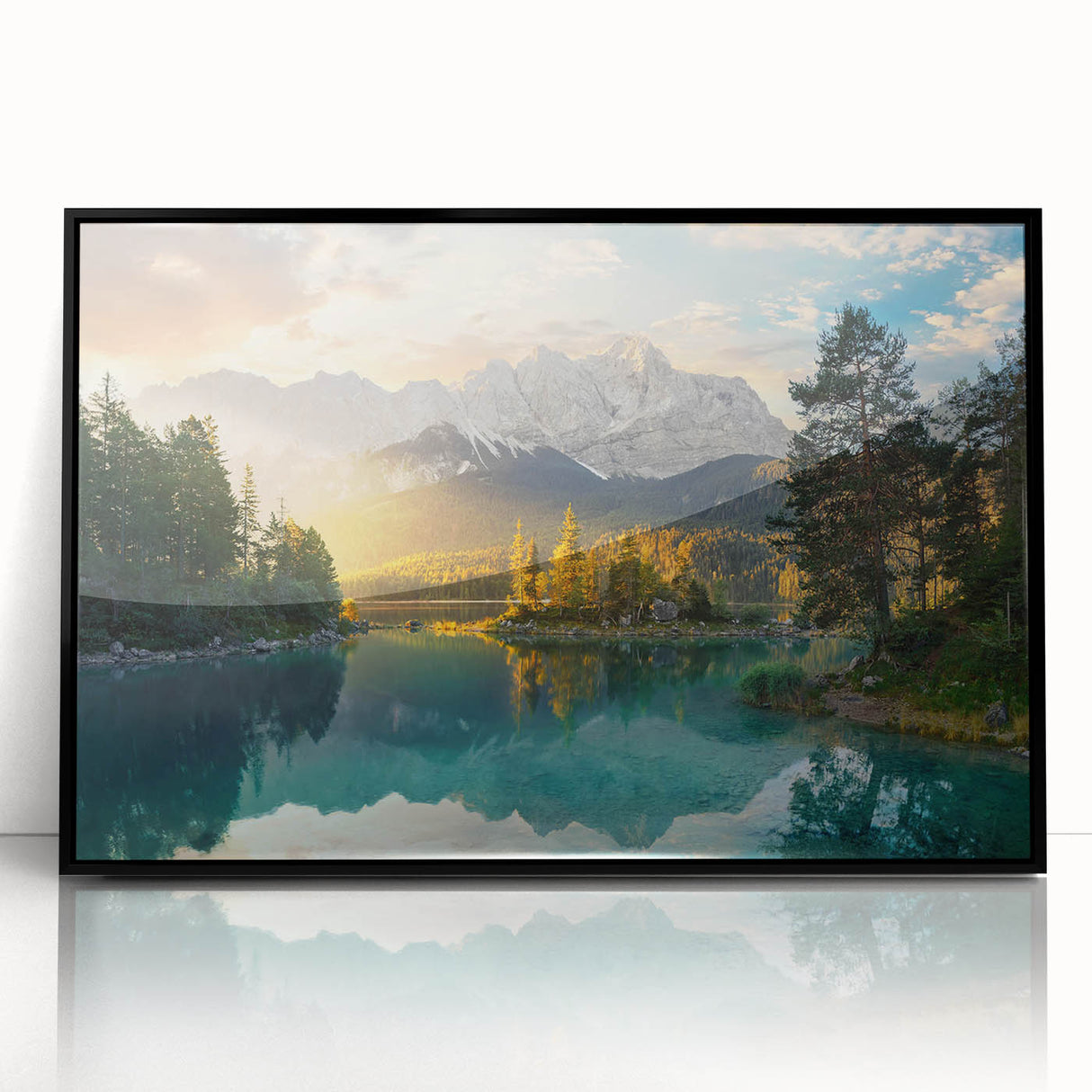 Framed black acrylic wall art showcasing a serene lakeside landscape, featuring vibrant colors and intricate details, perfect for modern home decor.