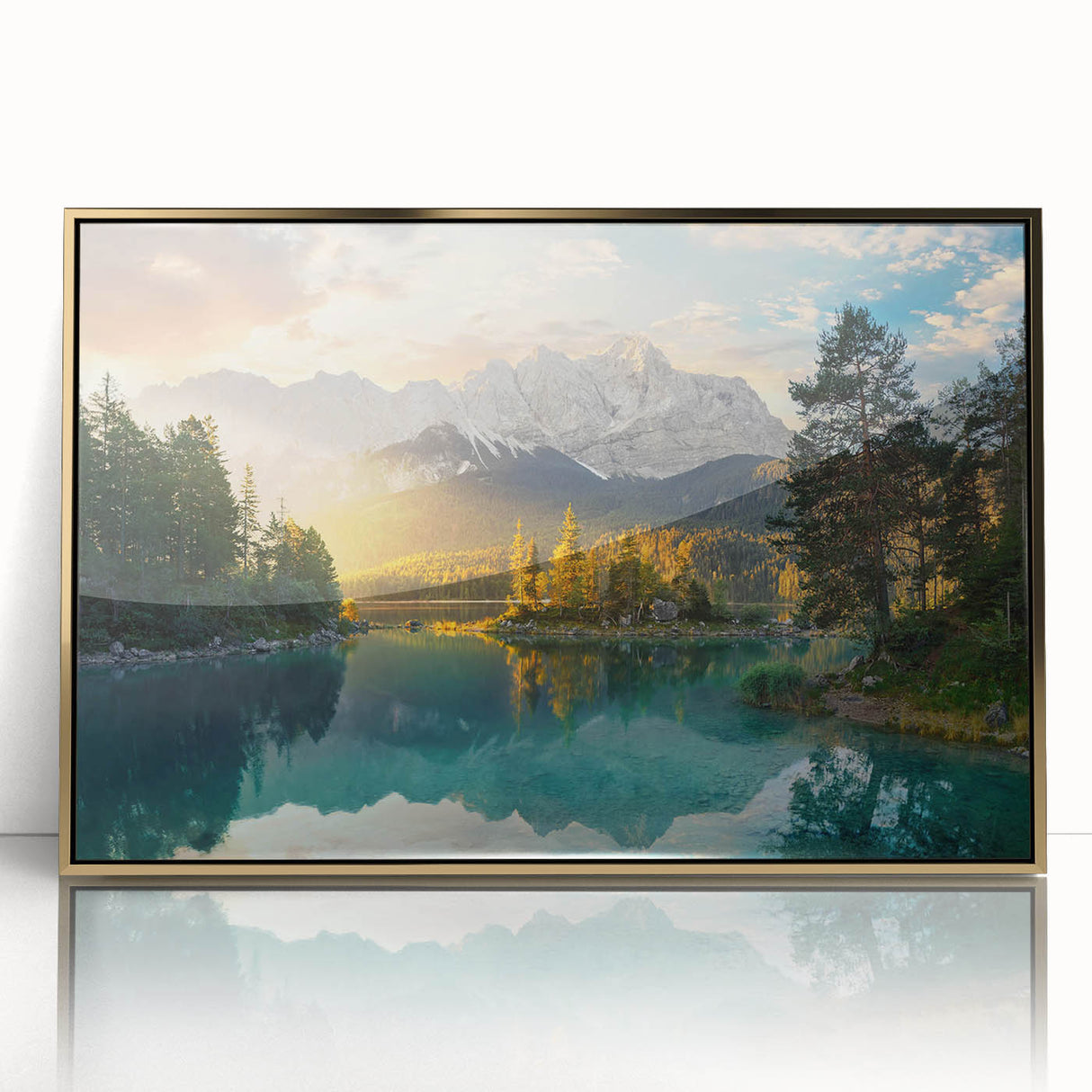 Framed acrylic wall art featuring a serene lakeside landscape with vibrant colors and gold accents, perfect for home decor. Ideal for nature enthusiasts.