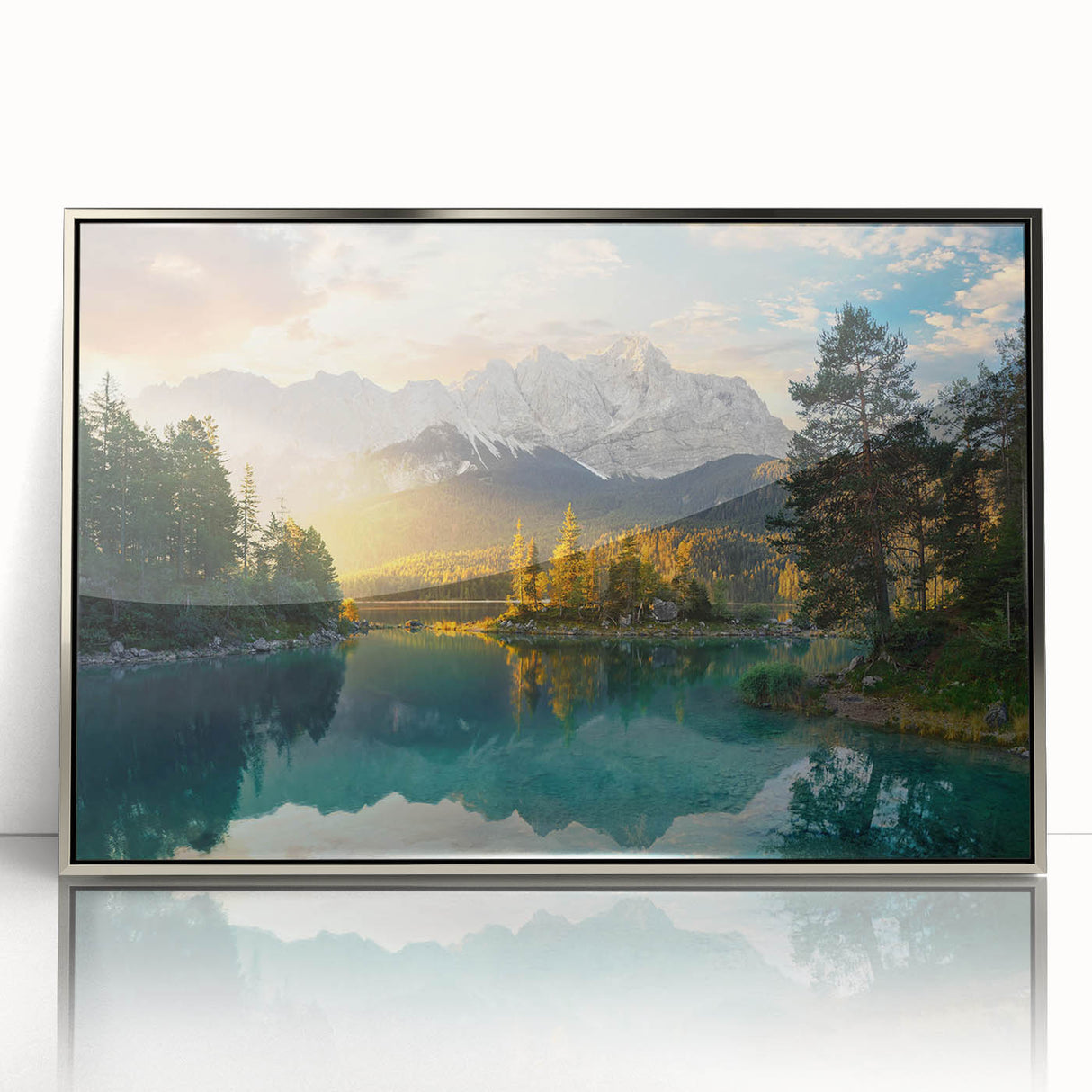 Framed wall art featuring a serene lakeside landscape design, showcasing vibrant colors and intricate details, enhanced with a sleek silver frame, perfect for home decor.