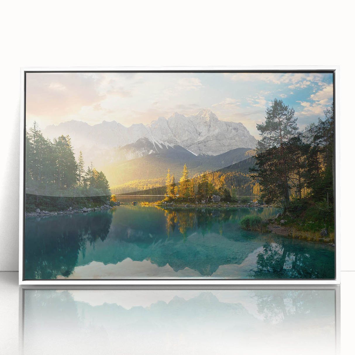 Framed wall art of a serene lake landscape, featuring vibrant blues and greens, set in a white frame, perfect for home decor or office spaces.