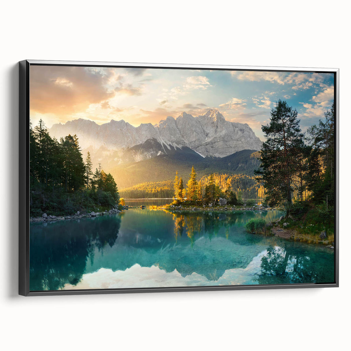 Framed wall art canvas featuring a serene lake landscape design, showcasing vibrant blues and greens, with a sleek black frame and side view angle. Ideal for modern home decor.