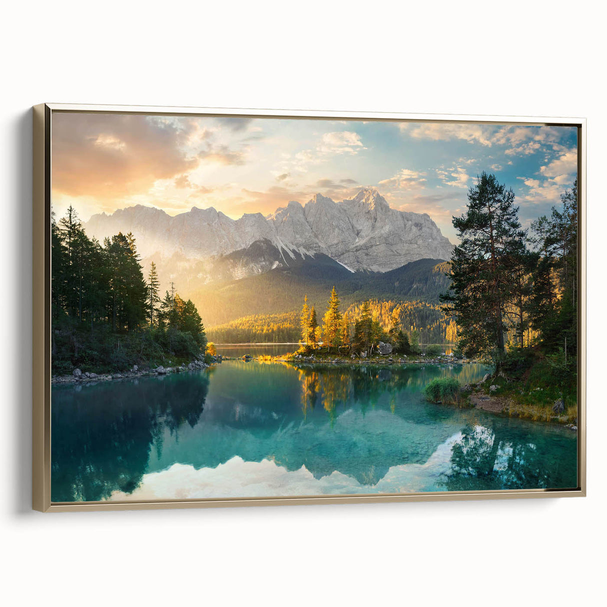 Framed wall art collection showcasing a serene lakeside landscape with lush greenery and golden hues, perfect for home decor accentuating nature's beauty.