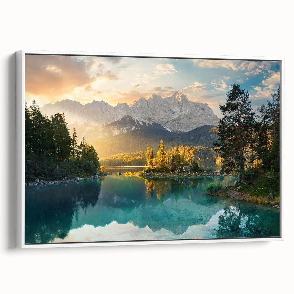 Framed canvas wall art showcasing a tranquil lakeside landscape with vibrant colors and intricate details, viewed from the side against a white background.