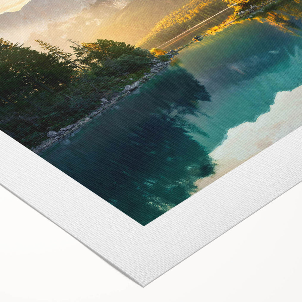 Landscape wall art featuring a serene lake scene surrounded by lush greenery and mountains, printed on high-quality rolled canvas for elegant home decor.