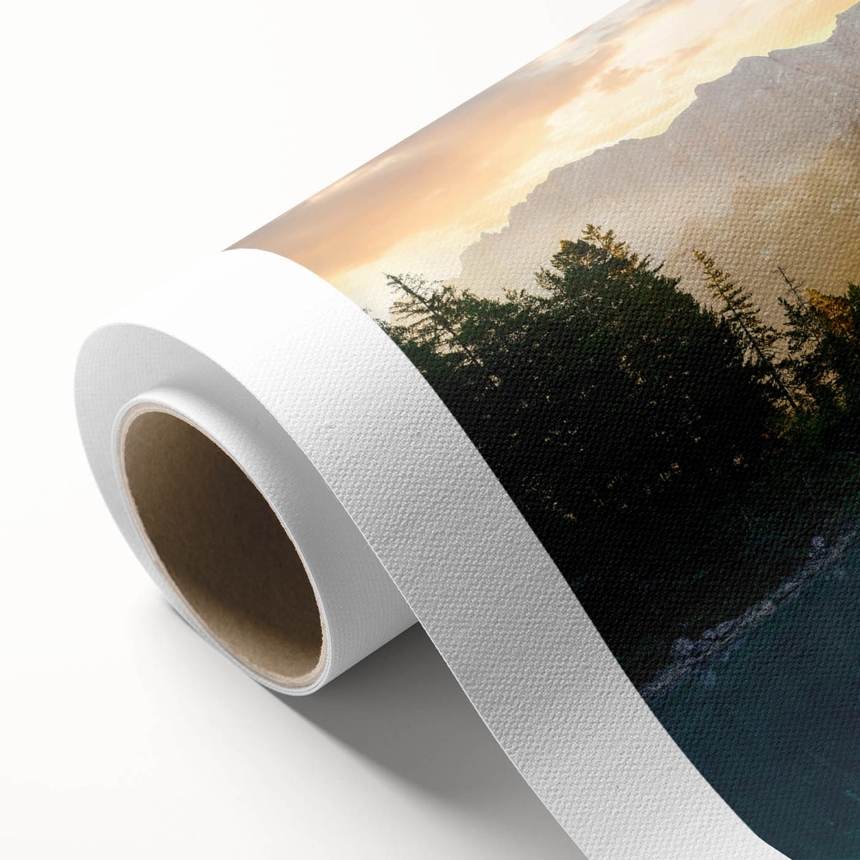 Rolled canvas artwork showcasing a serene landscape scene with tranquil lakes and lush greenery, perfect for enhancing modern home decor and creating a calming atmosphere.