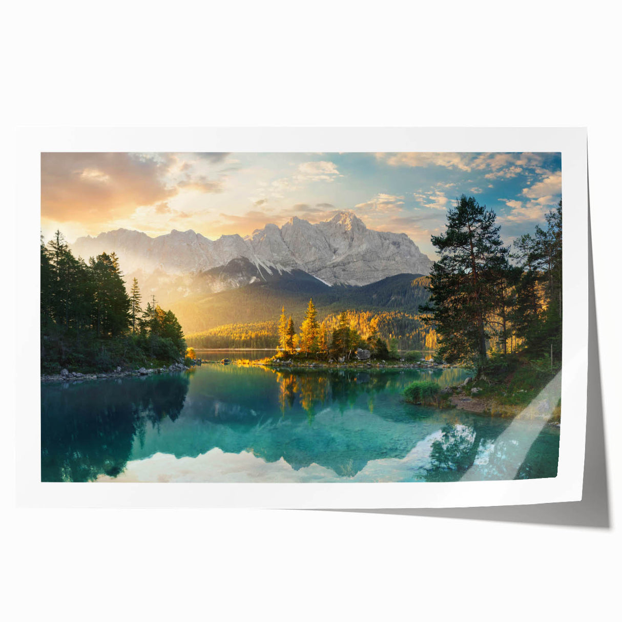Tranquil landscape wall art featuring a serene lake surrounded by lush greenery and distant mountains, showcasing vibrant colors and intricate details, perfect for home decor.