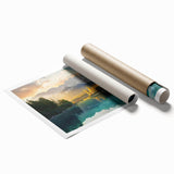 Serene lake landscape wall art print showcasing vibrant blues and greens, designed with intricate natural details, rolled and ready for framing. Ideal for home decor enthusiasts.