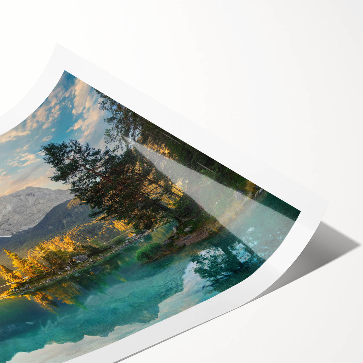 Vibrant rolled print of a serene lakeside landscape featuring lush trees and a tranquil water reflection, ideal for home décor and nature enthusiasts.