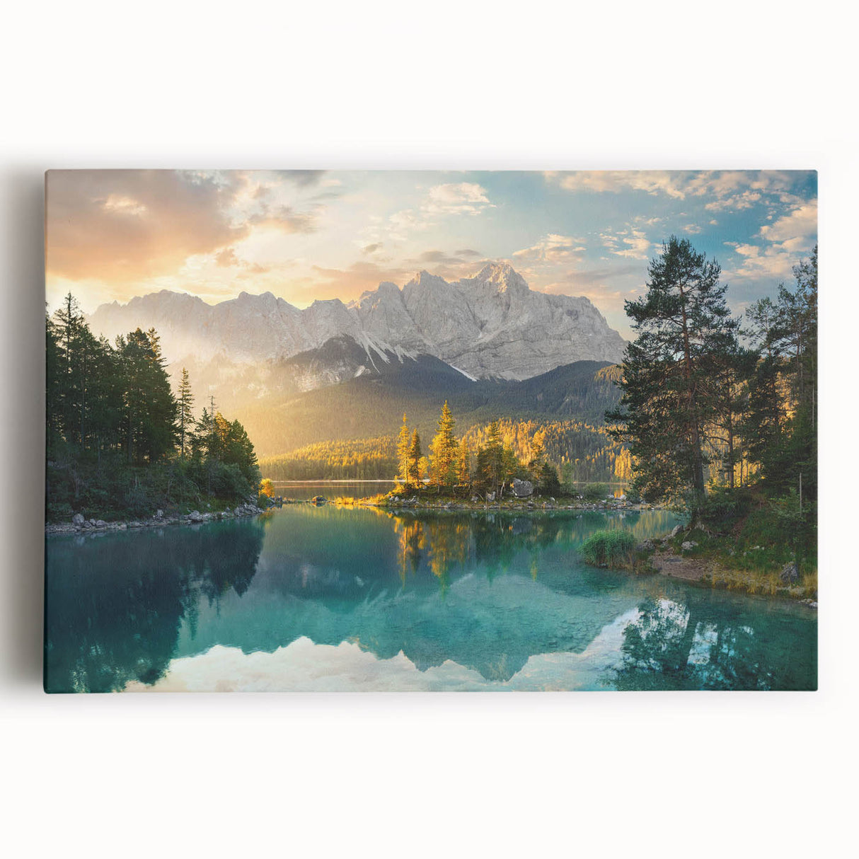 Vibrant stretched canvas wall art showcasing a serene lake landscape with lush greenery and soft clouds, ideal for home decor and nature enthusiasts.