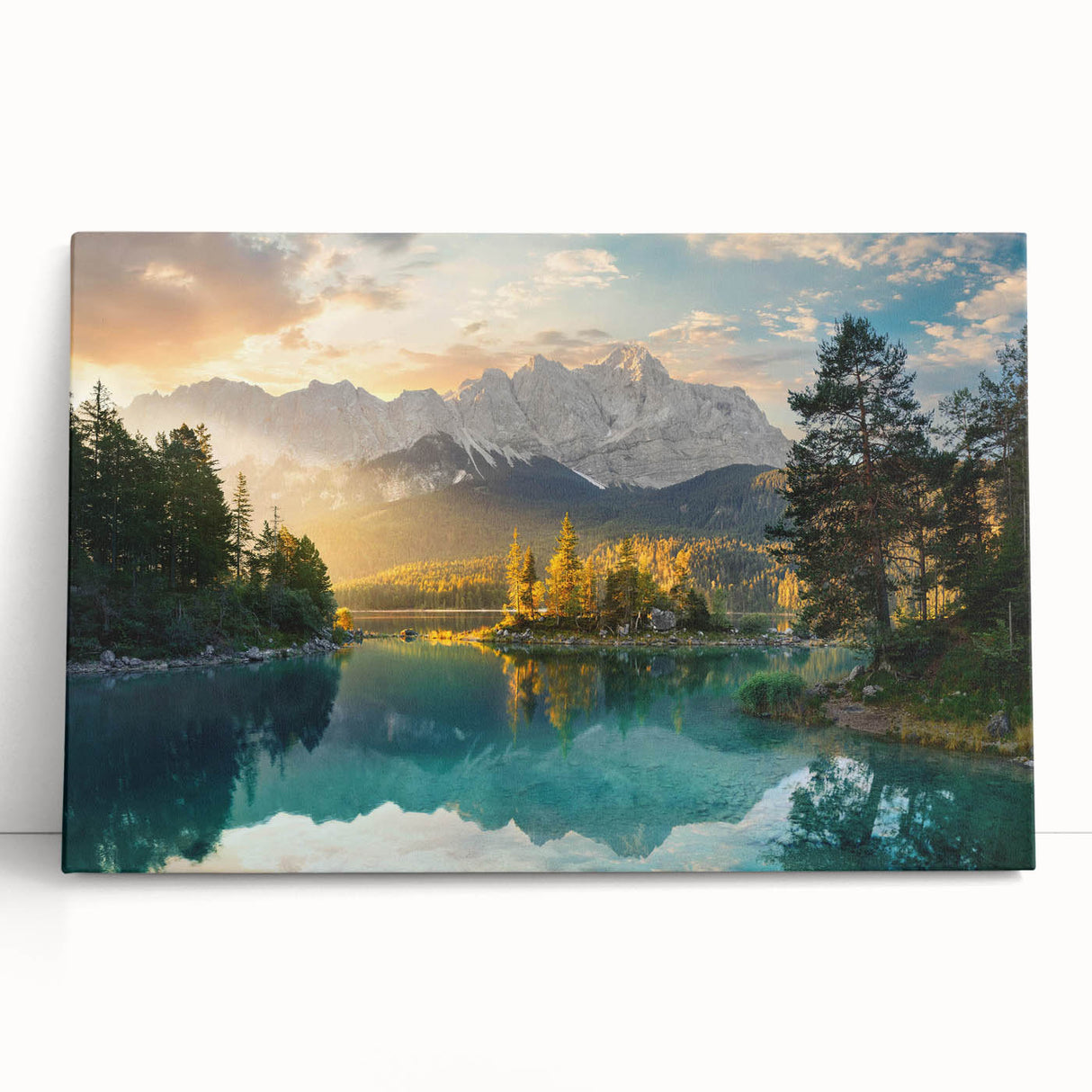 Stretched canvas wall art showcasing a serene lake landscape design, featuring vibrant blues and greens, perfect for enhancing home decor and creating a tranquil atmosphere.