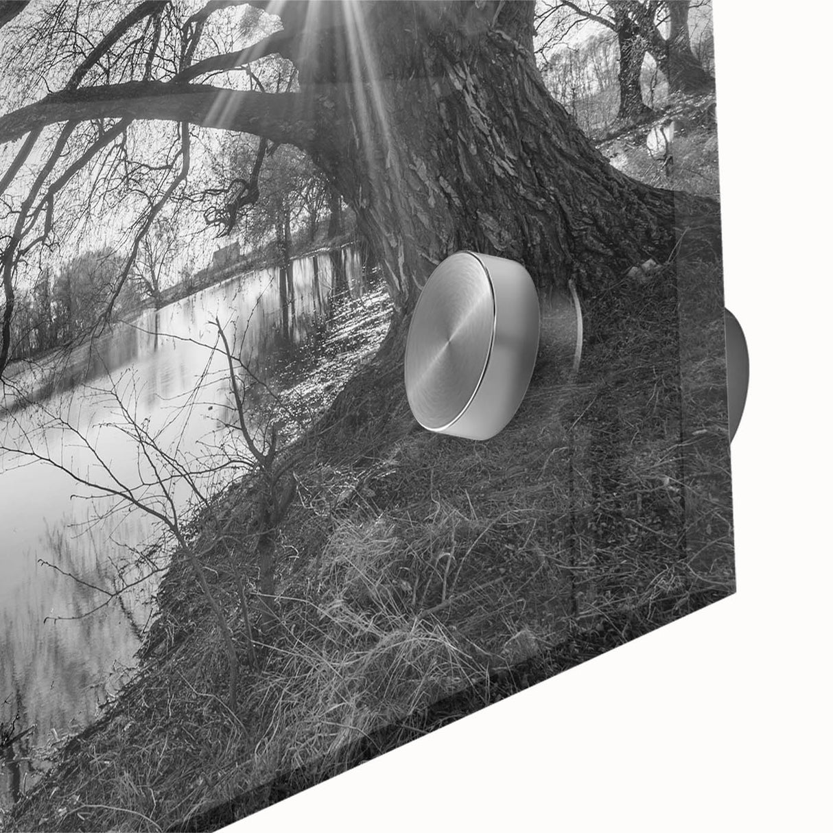 Acrylic glass wall art showcasing a vibrant lakeside landscape design, featuring rich blues and greens, perfect for enhancing home decor aesthetics.