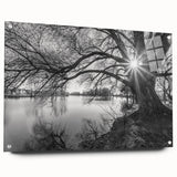 Acrylic glass wall art featuring a serene landscape with lakes, displayed from a side view, showcasing vibrant colors and intricate details, perfect for home decor.