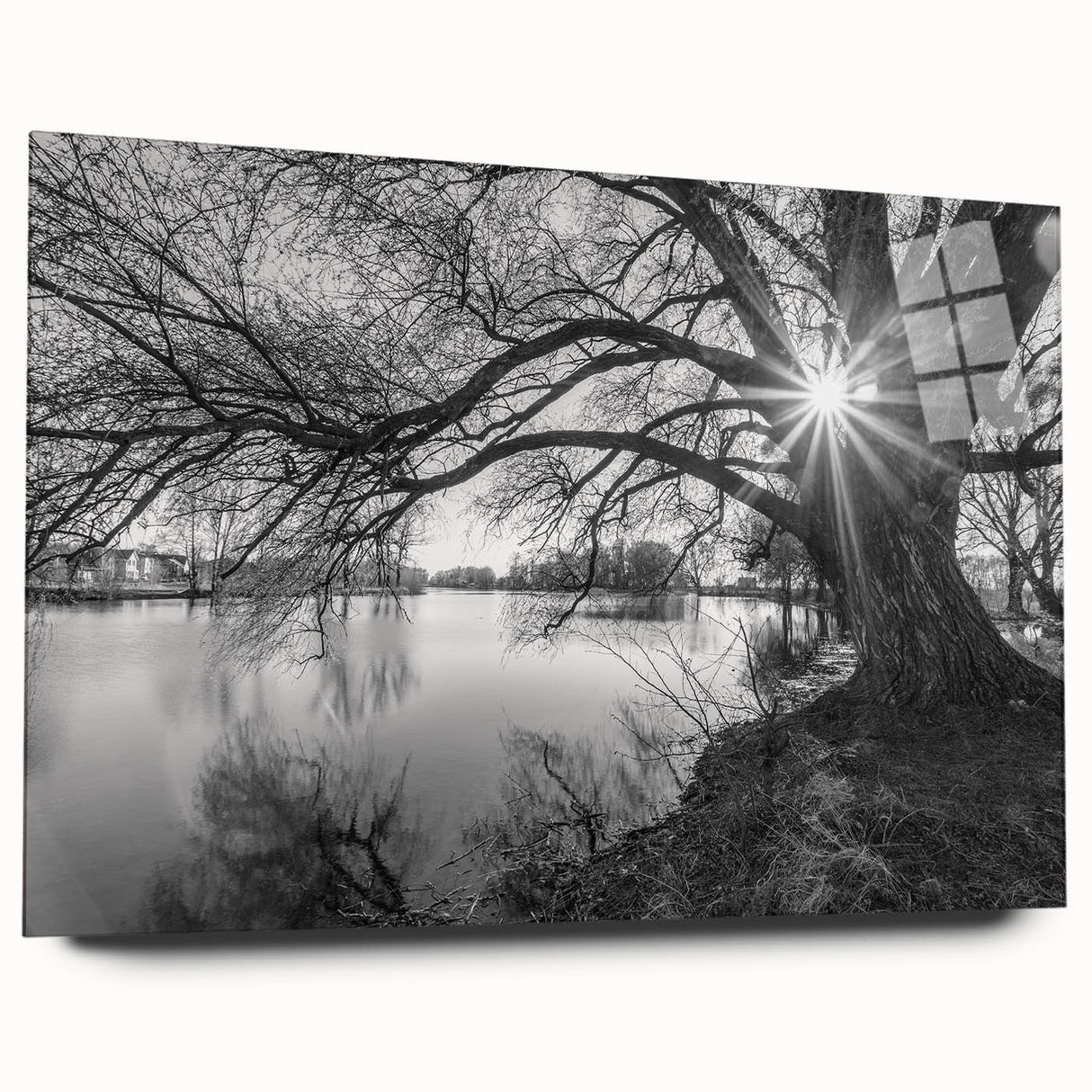 Acrylic glass wall art showcasing a serene lake landscape, highlighting vibrant colors and intricate details, perfect for modern home decor. Ideal for nature enthusiasts.