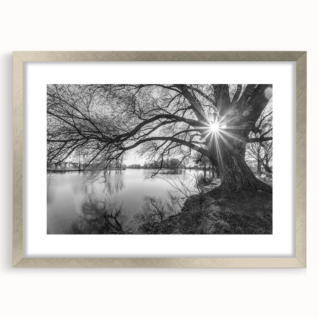 Framed wall art collection showcasing a serene landscape with lakes, featuring a silver frame and mat, perfect for home decor enhancement and aesthetic appeal.
