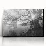 Framed acrylic wall art showcasing a serene landscape with tranquil lakes, designed in a modern style with a sleek black frame, perfect for home decor.