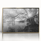 Framed acrylic wall art featuring a serene lake landscape with gold accents, ideal for modern decor. Perfect for enhancing living spaces with nature-inspired elegance.