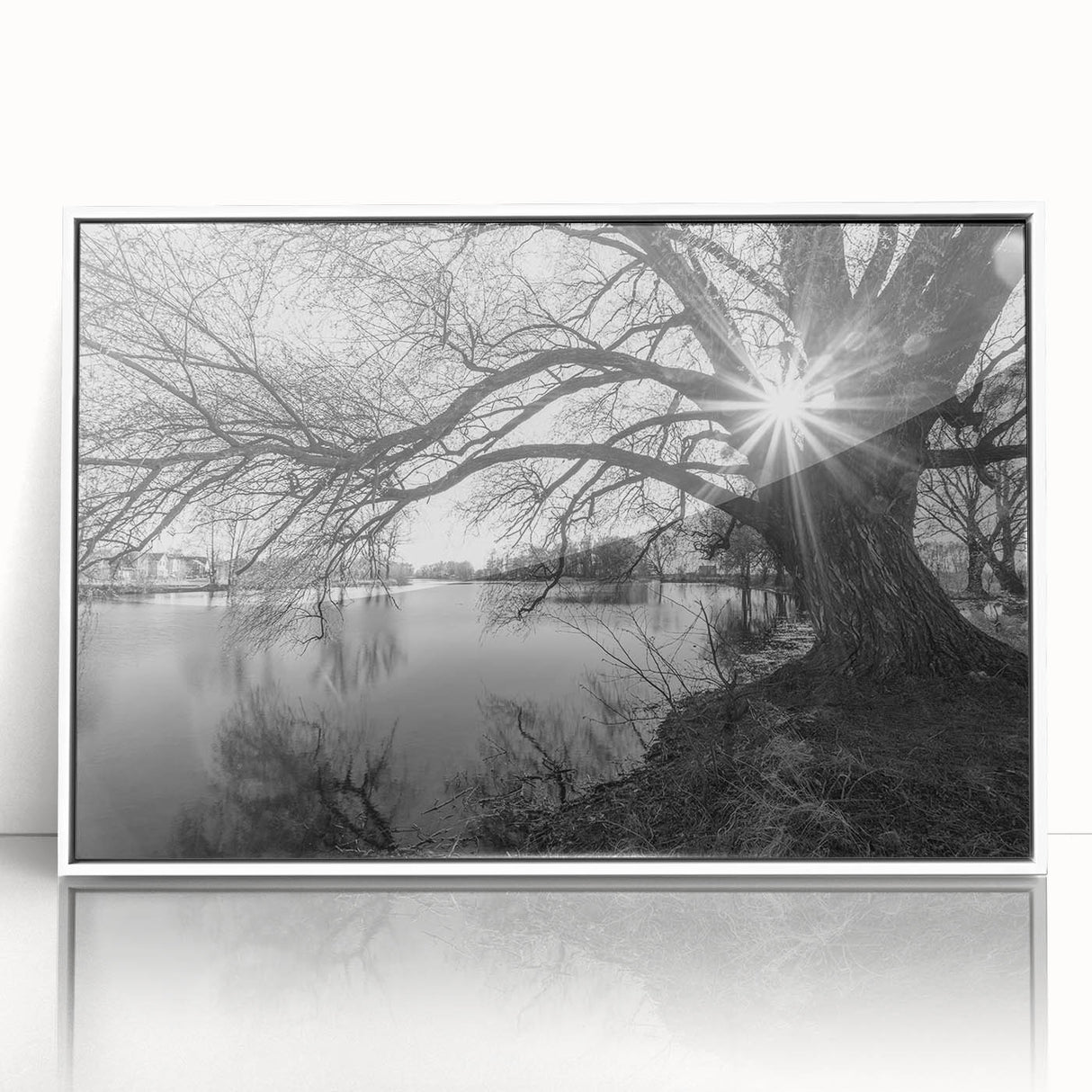 Framed wall art featuring a serene lake landscape with vibrant colors and detailed reflections, presented in a sleek white frame for modern home decor.