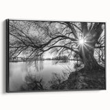 Framed canvas wall art showcasing a serene lake landscape design with vibrant colors and intricate details, presented in a sleek black frame, ideal for enhancing home decor.