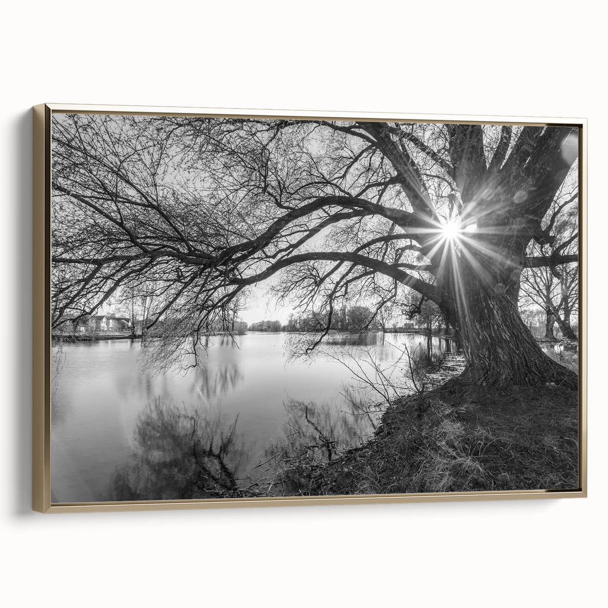 Framed canvas wall art featuring a serene lakeside landscape design, elegantly bordered in gold, showcasing vibrant colors and intricate details, perfect for home decor.