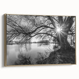 Framed canvas wall art featuring a serene lakeside landscape design, elegantly bordered in gold, showcasing vibrant colors and intricate details, perfect for home decor.