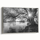 Framed canvas wall art showcasing a serene lake landscape design with silver accents, perfect for enhancing modern home decor. The piece evokes tranquility and nature.
