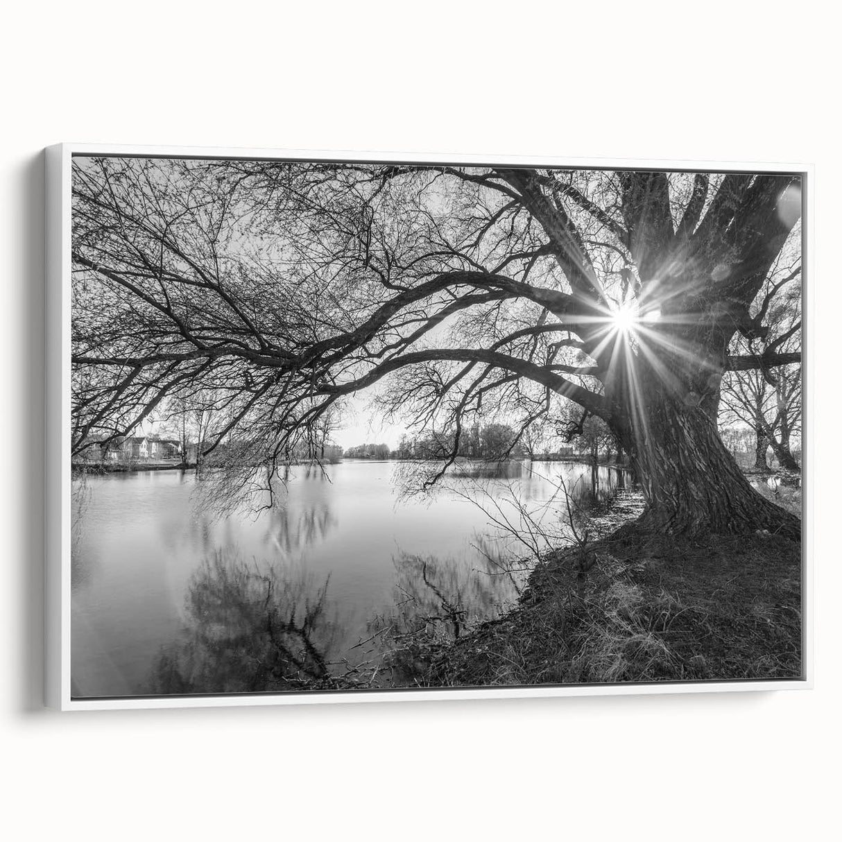 Framed canvas wall art showcasing a serene lake landscape with vibrant colors, set against a white background, ideal for modern home decor.