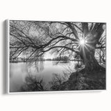 Framed canvas wall art showcasing a serene lake landscape with vibrant colors, set against a white background, ideal for modern home decor.