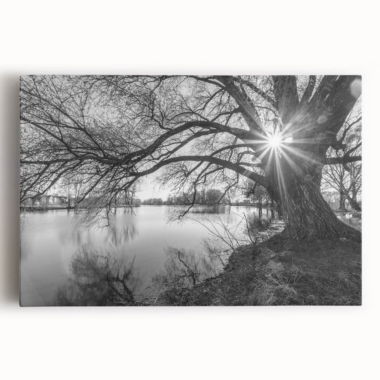 Stretched canvas wall art featuring a serene lakeside landscape with vibrant colors, perfect for home decor, adding tranquility and nature-inspired aesthetics.