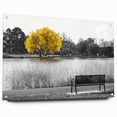 Acrylic glass wall art featuring a serene lakeside landscape design, showcasing vibrant colors and depth, mounted with pins for easy display. Ideal for nature-inspired decor.