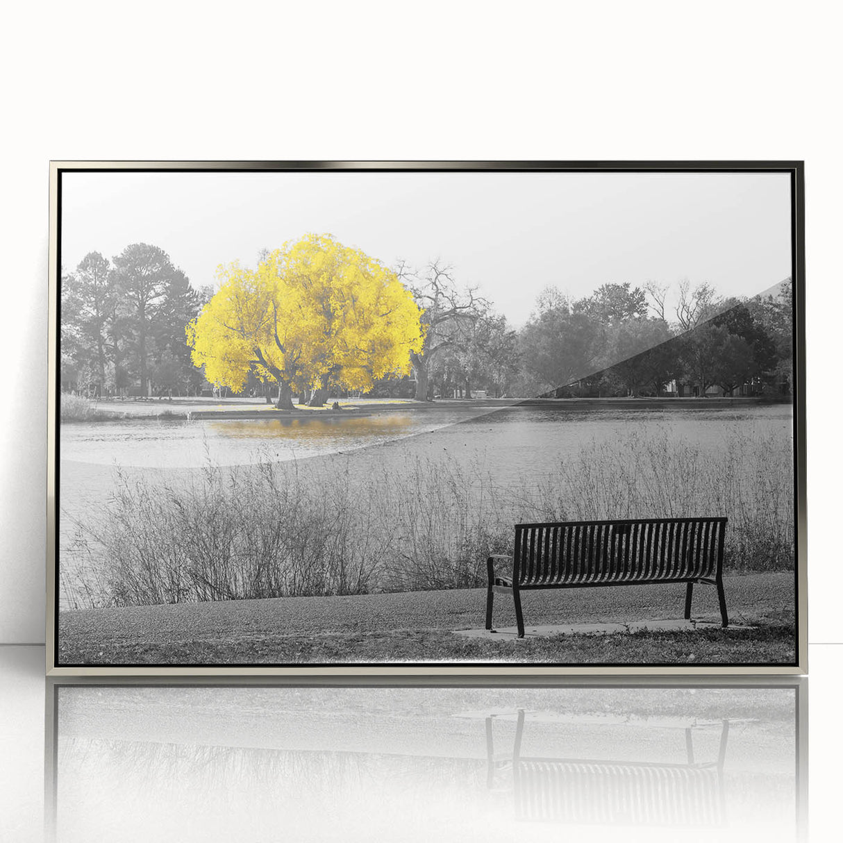Framed acrylic wall art showcasing a serene lakeside landscape with vibrant colors and intricate details, perfect for enhancing home decor in modern interiors.