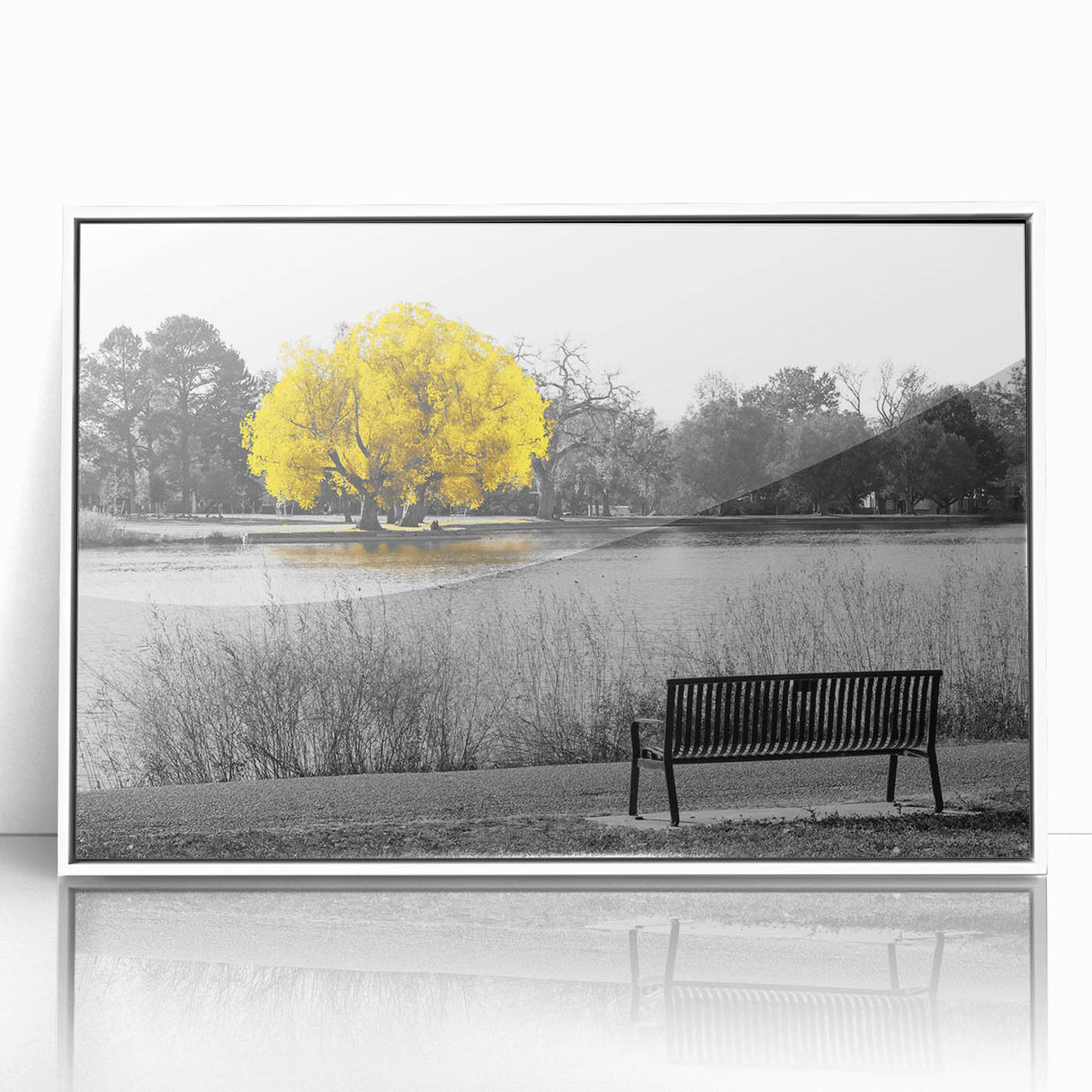 Framed acrylic wall art showcasing a serene lake landscape with vibrant colors and intricate details, perfect for adding a tranquil touch to home decor.