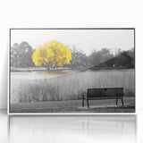Framed acrylic wall art showcasing a serene lake landscape with vibrant colors and intricate details, perfect for adding a tranquil touch to home decor.