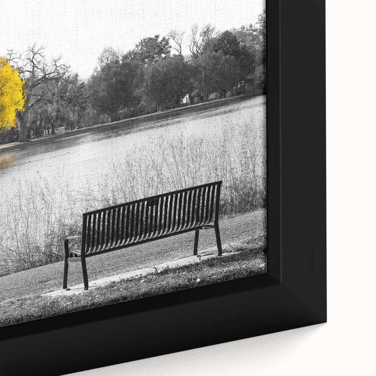 Framed canvas artwork showcasing a serene lake landscape with vibrant colors, ideal for home decor. This close-up highlights the intricate details and textures of the design, perfect for adding tranquility to any space.
