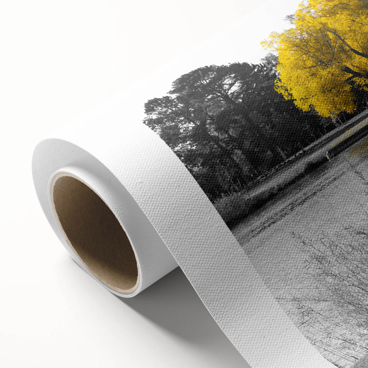 Rolled canvas artwork showcasing a serene lake landscape with vibrant colors and intricate details, ideal for home decor, packaged securely in a protective tube.