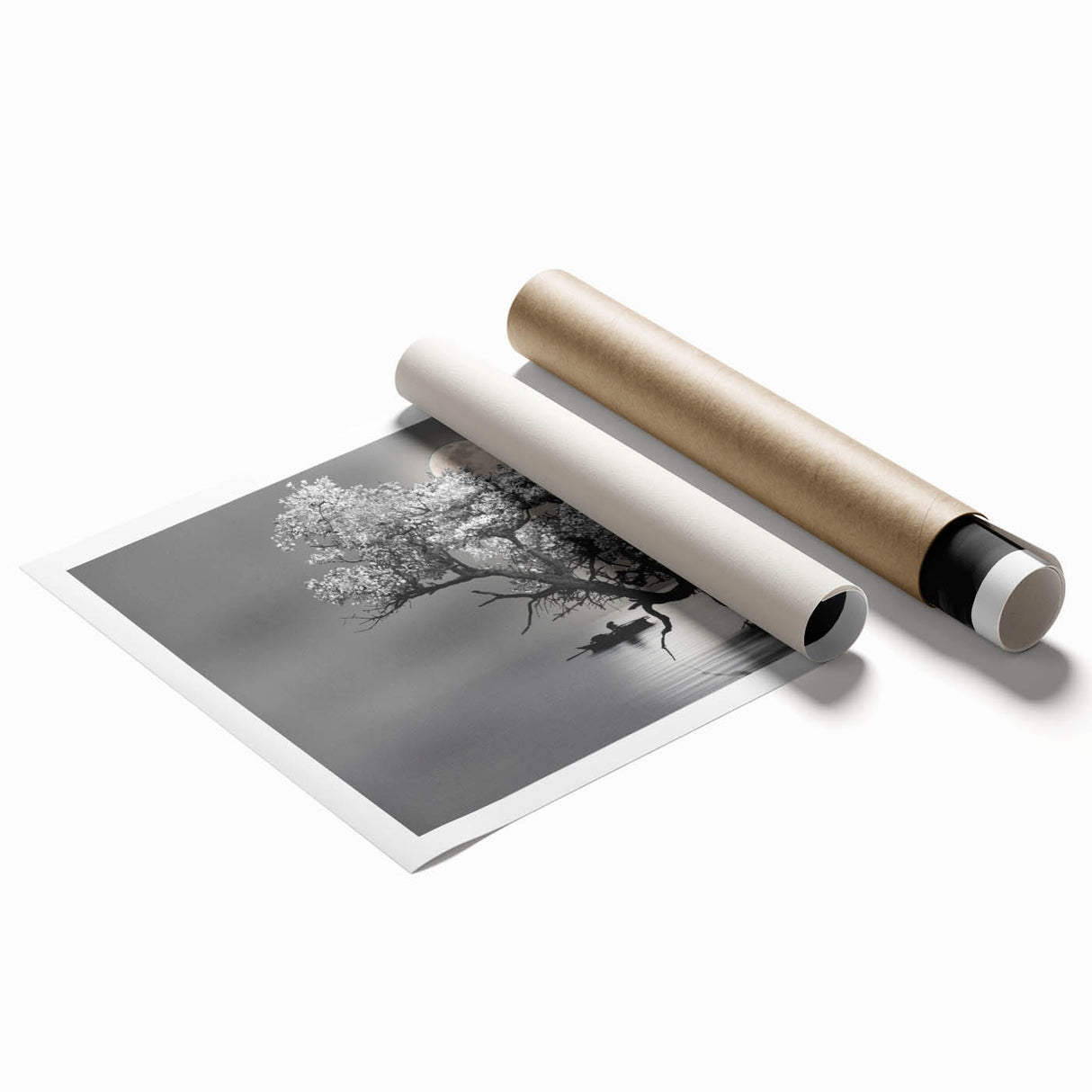 Vibrant rolled print of serene lakeside landscape wall art, showcasing rich blues and greens, perfect for home decor or office spaces, delivered in protective packaging.