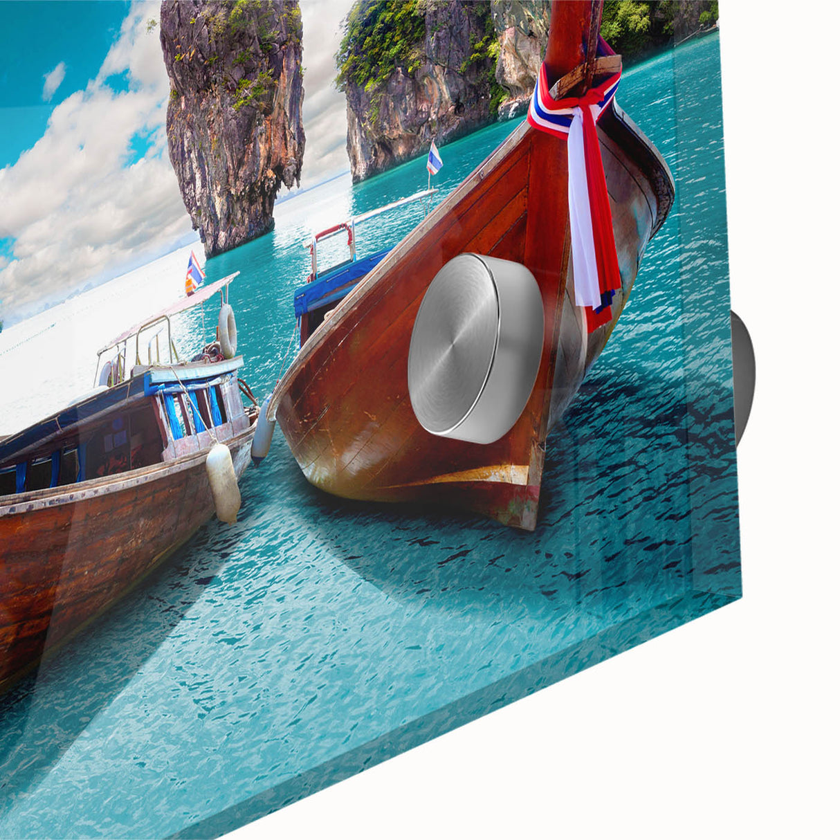 Close-up of a stunning acrylic glass wall art piece showcasing serene lake landscapes in vibrant colors, ideal for modern home decor and artistic settings.