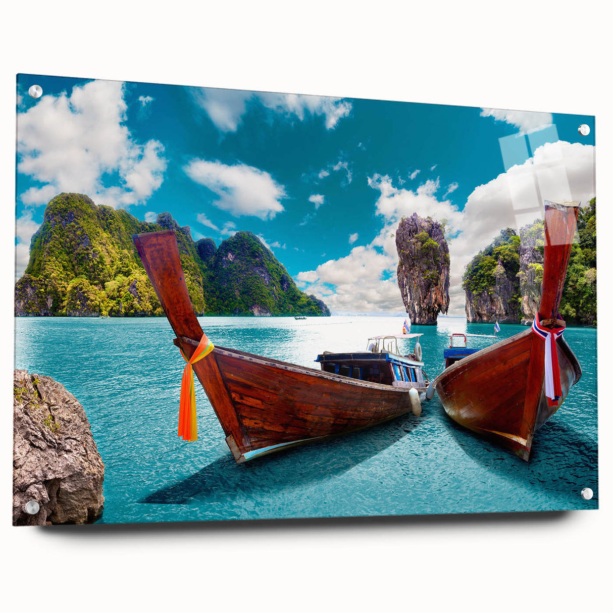 Acrylic glass wall art featuring a serene lakeside landscape with vibrant colors, designed for modern decor, showcasing a side view with stylish pins for mounting.