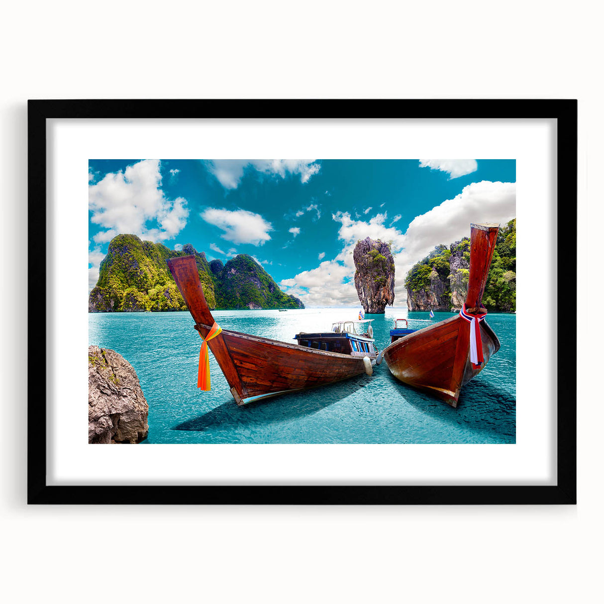 Black-framed wall art showcasing a serene lake landscape design, featuring vibrant colors and a mat for added elegance, perfect for home decor enhancement.