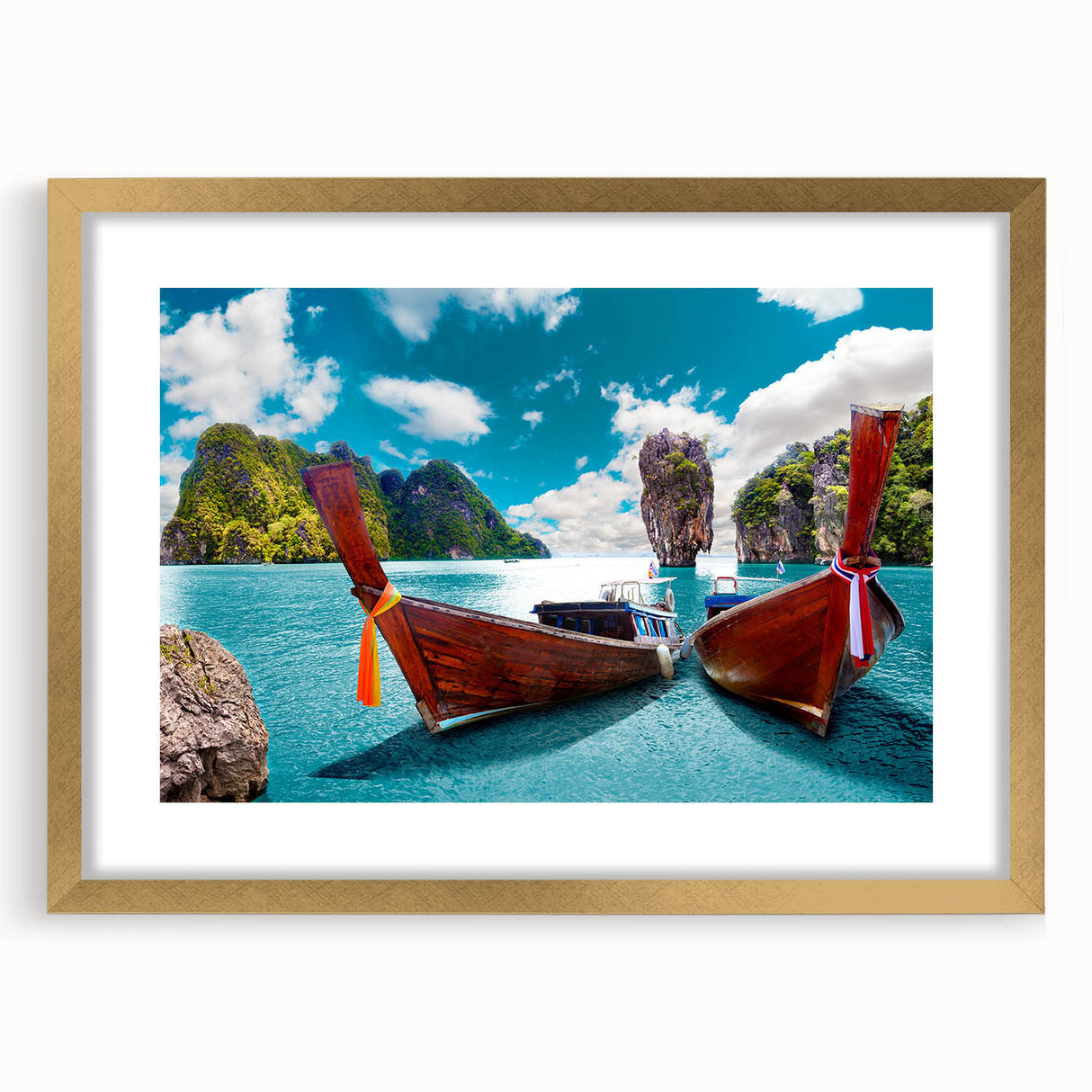 Framed wall art design showcasing a serene landscape with a lake, featuring a gold mat and frame. Ideal for enhancing home decor with nature-inspired elegance.