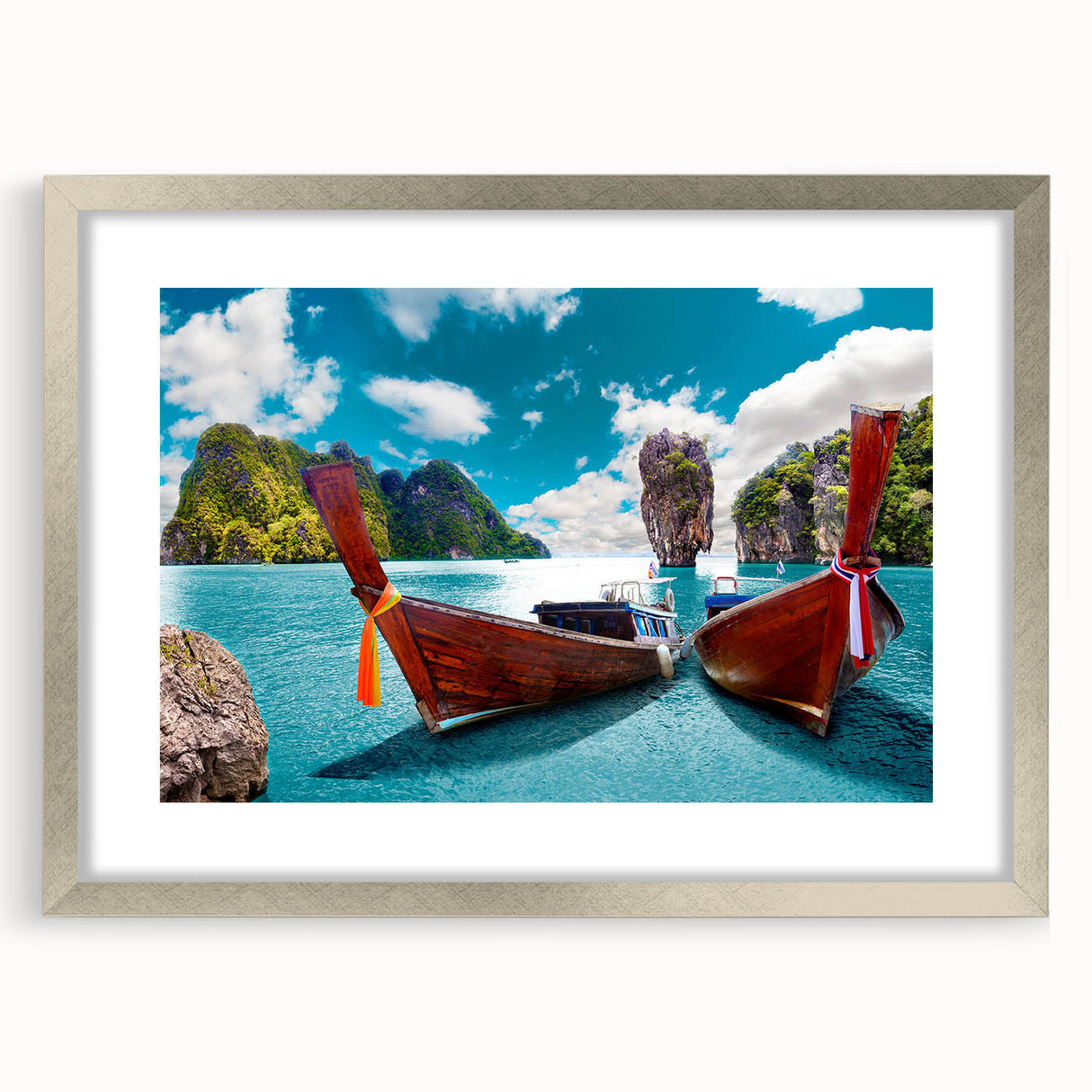 Framed wall art featuring serene lake landscapes, elegantly displayed in a silver frame with a white mat, ideal for enhancing home decor and interior design.
