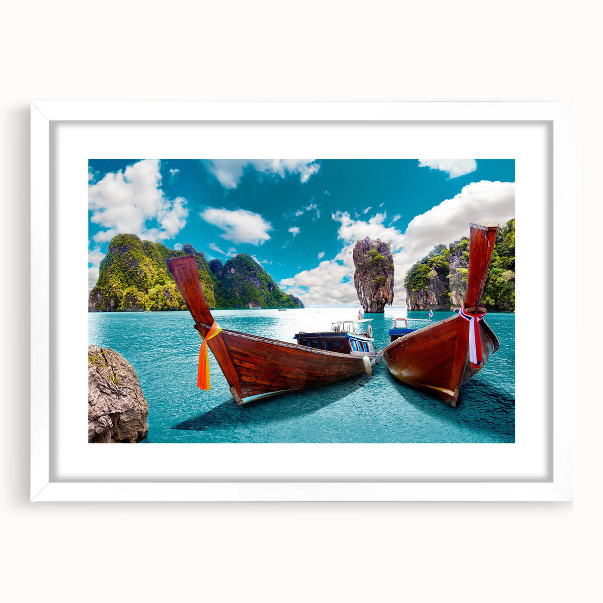 Framed landscape wall art depicting serene lakeside scenery, featuring a white mat and sleek frame, perfect for enhancing home decor with natural beauty.