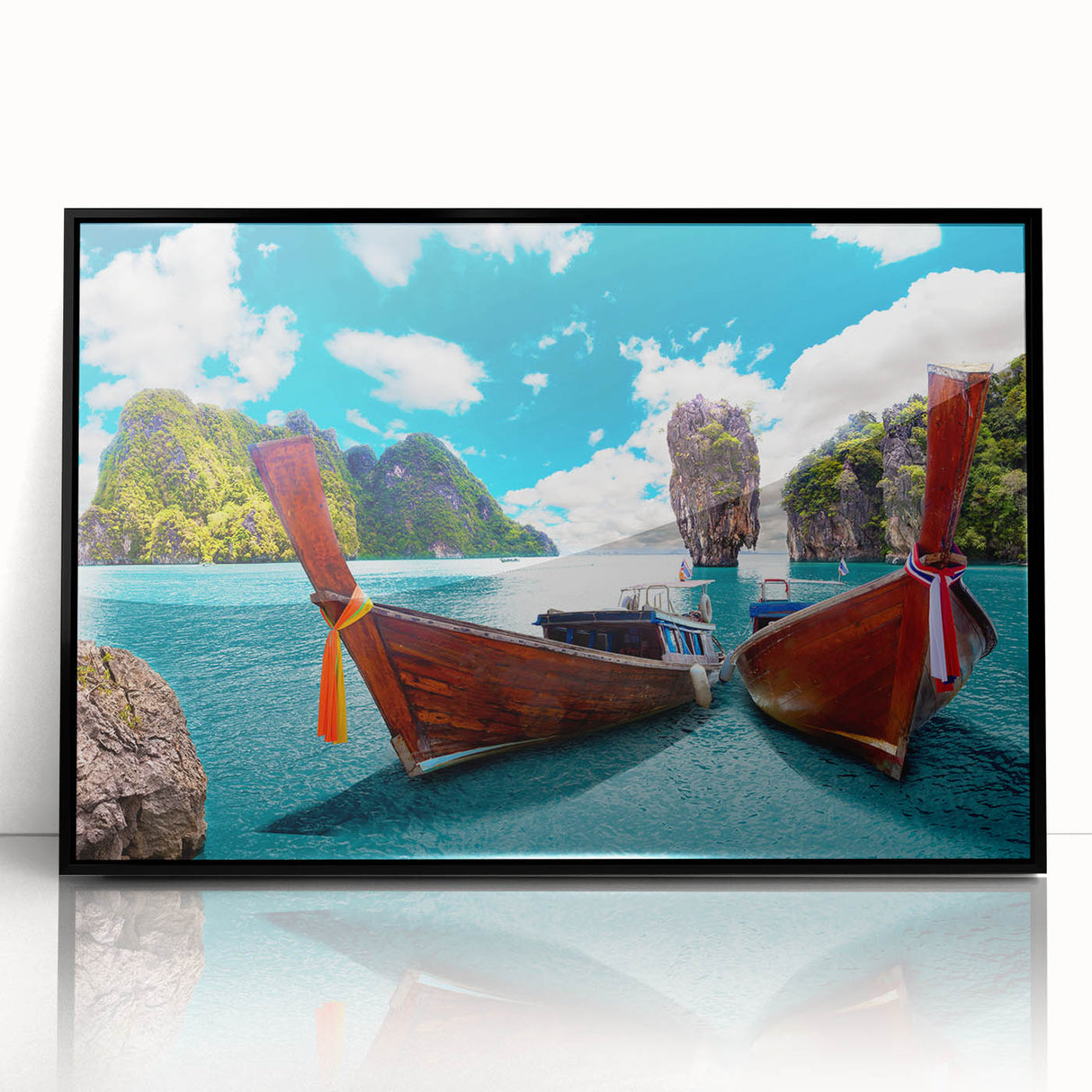 Framed acrylic wall art of a serene lake landscape, featuring vibrant blues and greens, set in a sleek black frame, ideal for modern home decor.