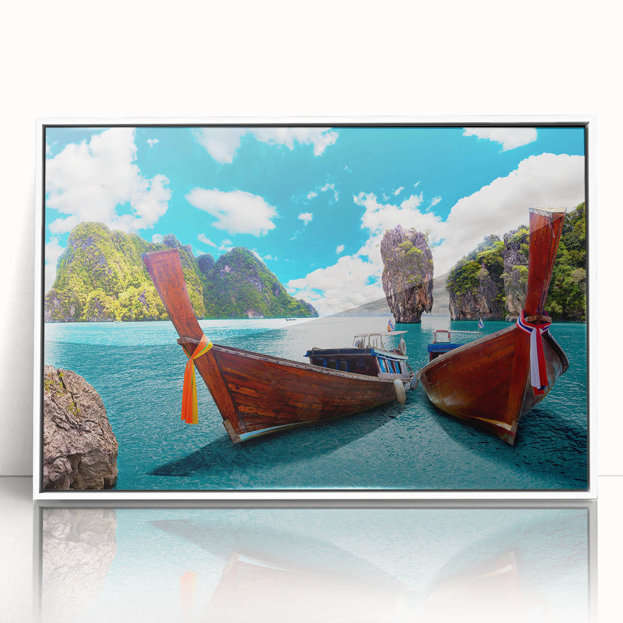 Framed wall art featuring a serene landscape with a tranquil lake, surrounded by lush greenery and vibrant colors, perfect for enhancing home decor.