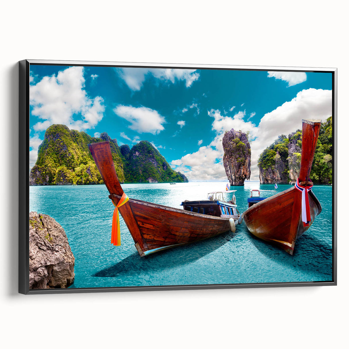Framed canvas wall art showcasing a serene lake landscape with vibrant blues and greens, set in a sleek black frame, ideal for modern home decor.