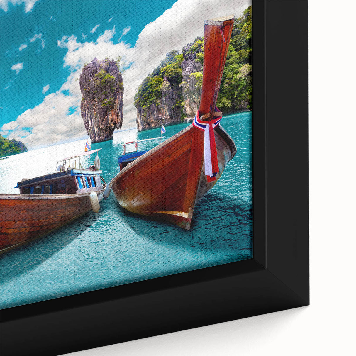 Framed canvas close-up of a serene lake landscape design, showcasing vibrant blues and greens, perfect for enhancing home decor with nature-inspired art.