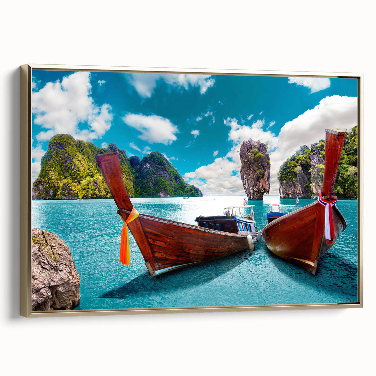 Framed canvas wall art showcasing a tranquil lake landscape design, featuring rich blue and gold tones, ideal for enhancing modern home decor and relaxation spaces.