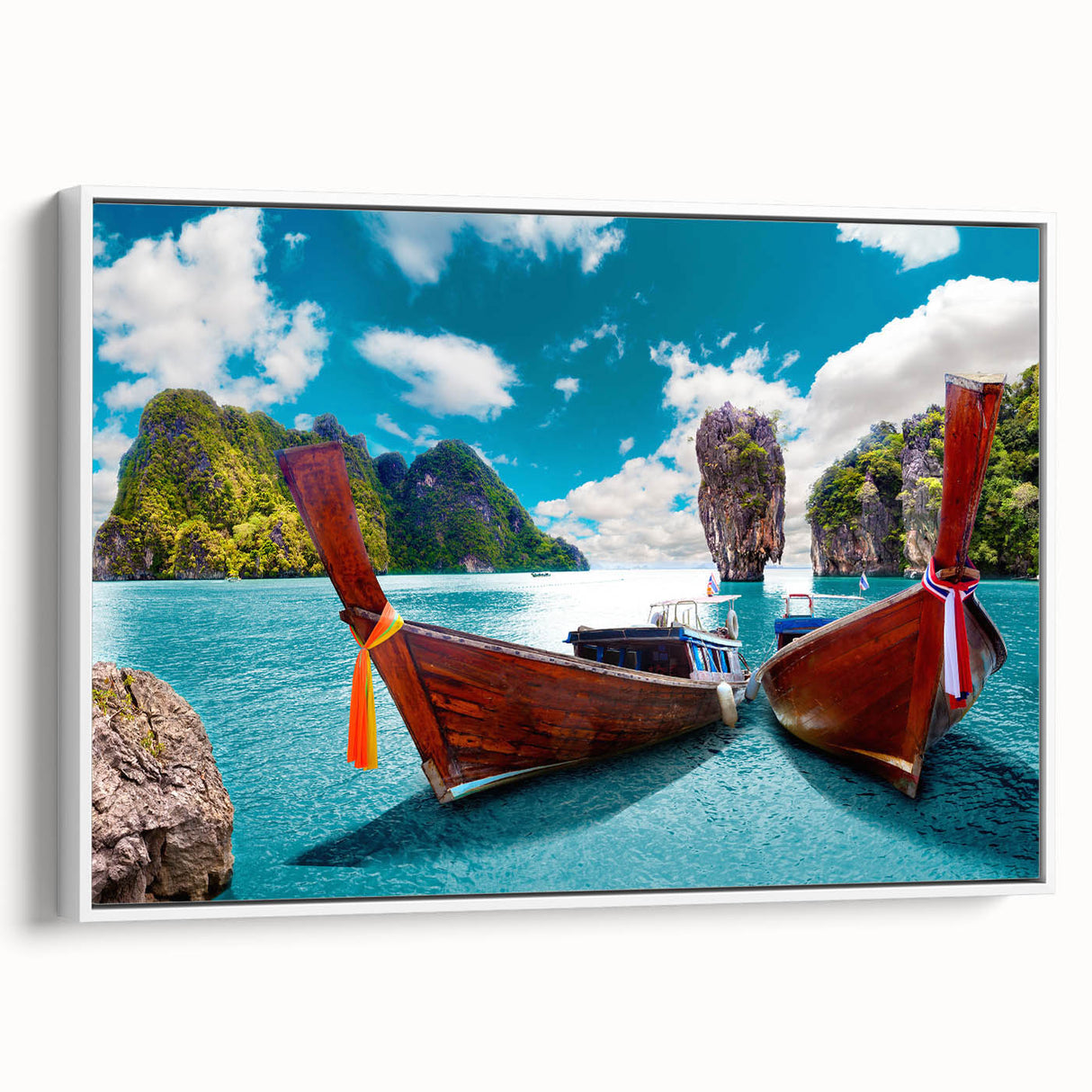 Framed canvas wall art showcasing a serene lakeside landscape with vibrant colors, set against a white backdrop, ideal for home decor in contemporary settings.