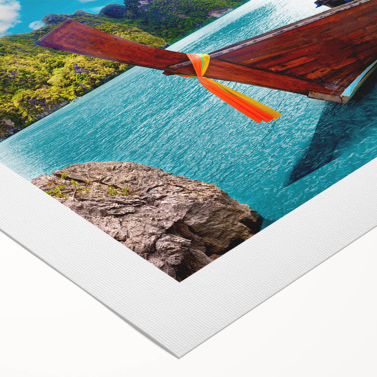 Serene landscape wall art featuring a tranquil lake surrounded by lush greenery and soft clouds, printed on rolled canvas for elegant home decor.