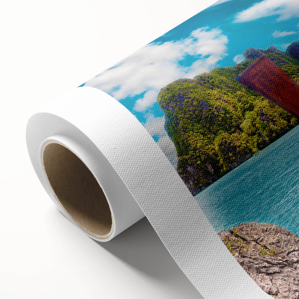Vibrant rolled canvas artwork showcasing a serene lakeside landscape with lush greenery and a tranquil blue sky, ideal for home decor or office settings.