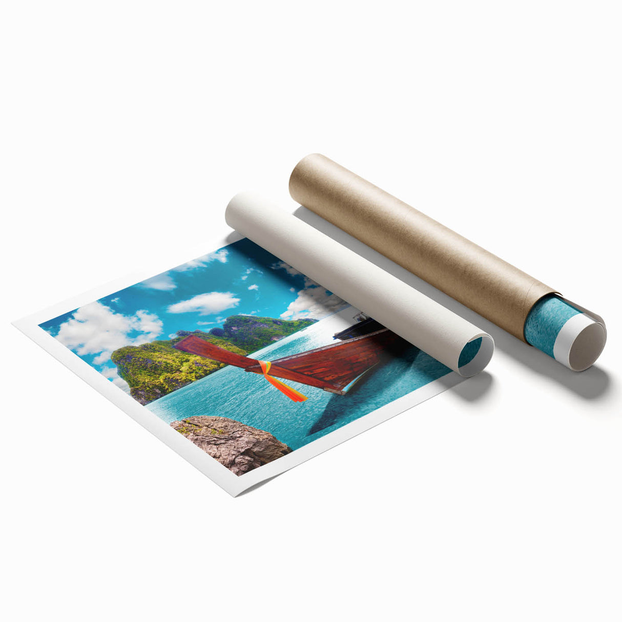 Vibrant rolled print of a serene lake landscape, showcasing lush greenery and a clear blue sky, ideal for home decor and nature-inspired art collections.